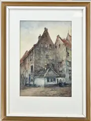 B.H. Bolink, Dorpsstraat met figuren, Aquarel op papier