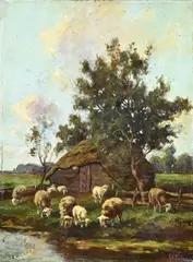 Arend van de Pol, Schaapskooi met schapen, Olieverf op linnen
