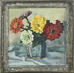 Johan Haanstra, Gemberpot met bloemen, Olieverf op linnen