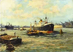 M. Ottee, Rotterdamse haven, Olieverf op linnen