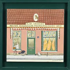 Jos Hemmelder, Nieuwe Hengelosche paardenslagerij 1959, Olieverf op paneel
