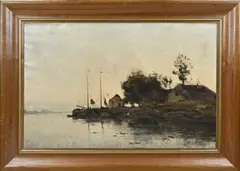 Jan Knikker, Polderboerderij met platbodems, Olieverf op linnen