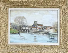 Jacques Thévenet, Gezicht op stad bij rivier, Olieverf op linnen