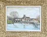 Jacques Thévenet, Gezicht op stad bij rivier, Olieverf op linnen