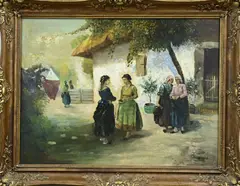 V. Sedas?, Vrouwen voor boerenhuis, Olieverf op linnen