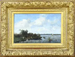 Willem van Schaick, Poldergezicht met zeilboot, Olieverf op linnen