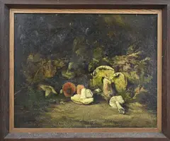 Stilleven paddenstoelen by Theo Goedvriendt, Olieverf op paneel, sold Jan 2024