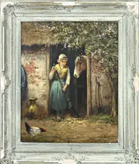 George Stevens, Meisje met bezem bij stal, Olieverf op linnen