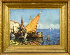 A.C. Hansen, Mediterrane haven, Olieverf op linnen