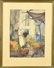 Herman Moerkerk, Fruitmarkt, Aquarel op papier