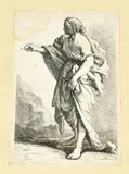 16e - 17e Eeuwse gravure, Dame met gewaad, 16e - 17e Eeuwse gravure