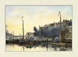 A. v & d Schouw, Hollandse haven met platbodems, Aquarel op papier