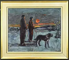 Jacobus Doeser, Twee skiërs met St. Bernard hond, Olieverf op linnen