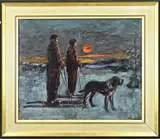 Jacobus Doeser, Twee skiërs met St. Bernard hond, Olieverf op linnen