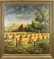 Circa Knickenborg?, Boerderij met korenschoven, Olieverf op linnen
