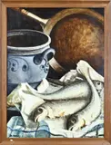 D. Oosting, Stilleven met makreel, Olieverf op paneel