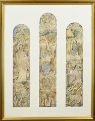 Henri Jonas 20e Eeuw, Religieus drie-luik, Aquarel op papier. het kerkraam van de Sint Lambertuskerk te Maastricht .Afmeting: H 86 x B 70 cm