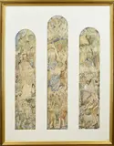 Henri Jonas 20e Eeuw, Religieus drie-luik, Aquarel op papier. het kerkraam van de Sint Lambertuskerk te Maastricht .Afmeting: H 86 x B 70 cm