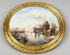 August Weber, Wintergezicht met ijspret, Olieverf op paneel