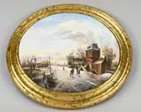 August Weber, Wintergezicht met ijspret, Olieverf op paneel