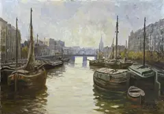Haven Amsterdam by Josef Dederichs, Olieverf op linnen, sold Jan 2024