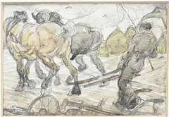 A.M. Luijt, Boer met paardenspan, Gemengde techniek op papier