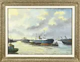 H. Witters, Havengezicht met vrachtschepen, Olieverf op linnen