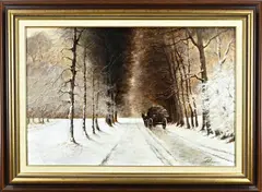 Wim Riem, Winters bosgezicht met paardenwagen, Olieverf op paneel