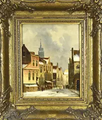 G. v & d Woude, Winters stadsgezicht Enkhuizen, Olieverf op paneel