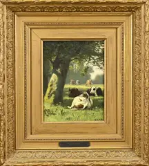Zonnig landschap met koeien by Willem Frederik Hulk, Olieverf op linnen, sold Oct 2023