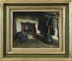 E.S. van Beever, Boeren interieur met huilende vrouw, Olieverf op paneel