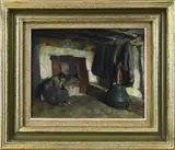 E.S. van Beever, Boeren interieur met huilende vrouw, Olieverf op paneel