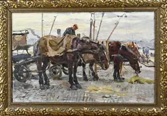 W. Dingemans, Paardenkar op Rotterdamse kade, Olieverf op linnen