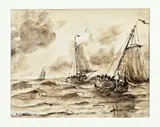Gerhard Arij Ludwig Munthe Morgenstjerne, Bomschuiten met vissersvolk, Sepia op papier