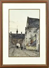 J. Weiland, Stadsgezicht met nonnen, Aquarel op papier