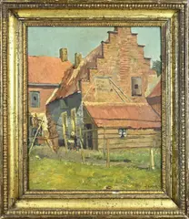 Jan  Bakker, Hollandse boerderij bij Volendam, Olieverf op paneel