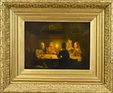Onduid. gesig., Interieur met figuren bij kaarslicht, Olieverf op paneel