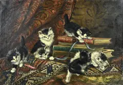 Stilleven met kittens en boeken by A. v & d Heijden, Olieverf op linnen, sold Oct 2023