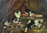 A. v & d Heijden, Stilleven met kittens en boeken, Olieverf op linnen