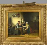 Jan Jacobus Matthijs Damschröder, Figuren in interieur met visvangst, Olieverf op linnen