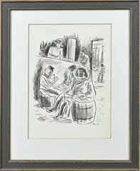 Zoltàn Farrai, Visserscafé met figuren, Aquarel op papier