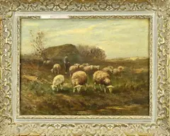 Piet Bouter, Landschap met schapen en herder, Olieverf op linnen