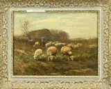 Piet Bouter, Landschap met schapen en herder, Olieverf op linnen