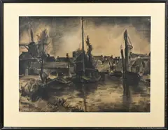 Arnout Colnot, Stadsgezicht met haven, Houtskool op papier