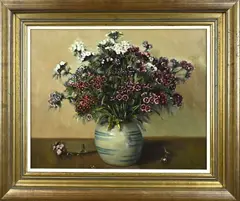 P. Lacor, Gemberpot met bloemen, Olieverf op linnen