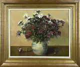 P. Lacor, Gemberpot met bloemen, Olieverf op linnen