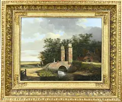 Monogram H.L. van D., Landschap met figuren bij brug, Olieverf op paneel