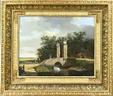 Monogram H.L. van D., Landschap met figuren bij brug, Olieverf op paneel