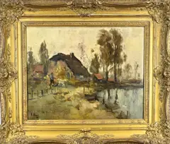 Frans Hoos, Landschap met boerderij, Olieverf op linnen