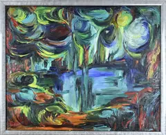 J. Mous, Expressionistisch landschap, Olieverf op linnen